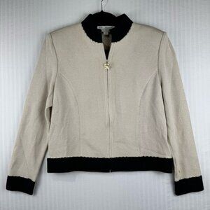 St. John Santana Knit Cardigan Knit Blazer Jacket Women's Size 8 Cream & Black